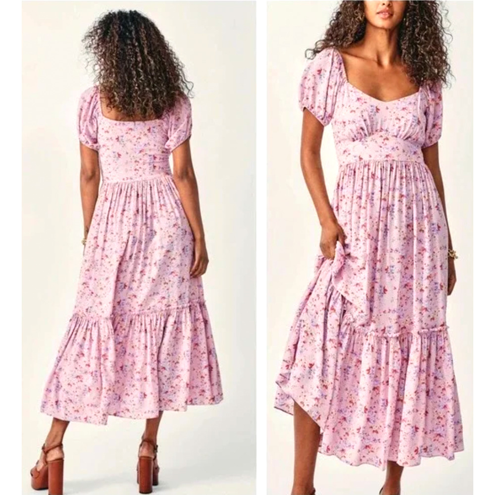 NEW! LoveShackFancy 6 Angie SILK Midi Dress Milkmaid Puff Shoulder Floral Pink - Picture 1 of 15